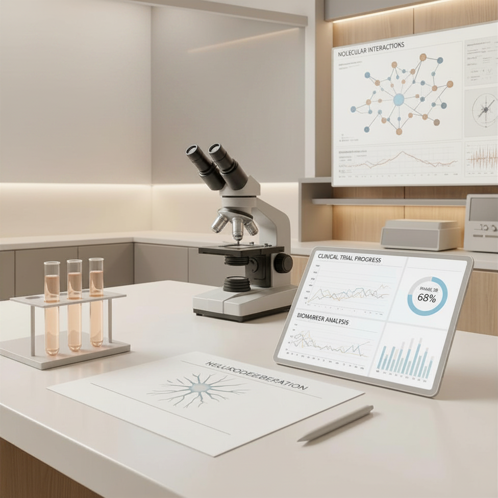 Investigadores analizando el desarrollo clínico de nuevas terapias para la ELA antes del inicio de un ensayo clínico